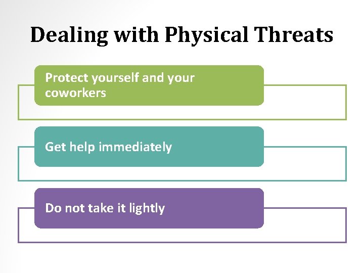 Dealing with Physical Threats Protect yourself and your coworkers Get help immediately Do not