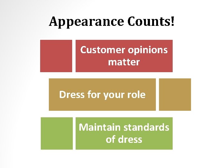 Appearance Counts! Customer opinions matter Dress for your role Maintain standards of dress 