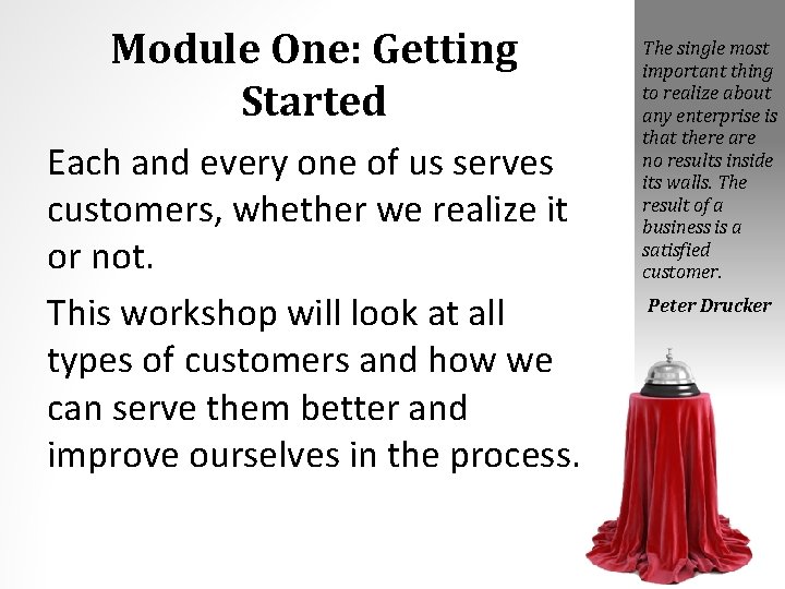 Module One: Getting Started Each and every one of us serves customers, whether we