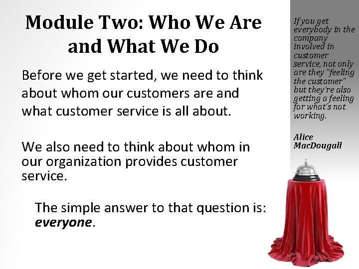 Module Two: Who We Are and What We Do Before we get started, we