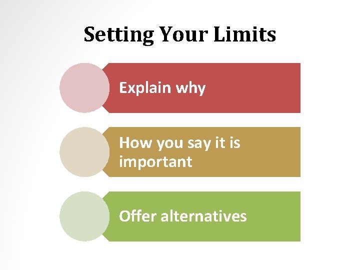 Setting Your Limits Explain why How you say it is important Offer alternatives 