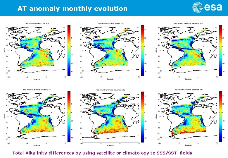 AT anomaly monthly evolution Total Alkalinity differences by using satellite or climatology to SSS/SST