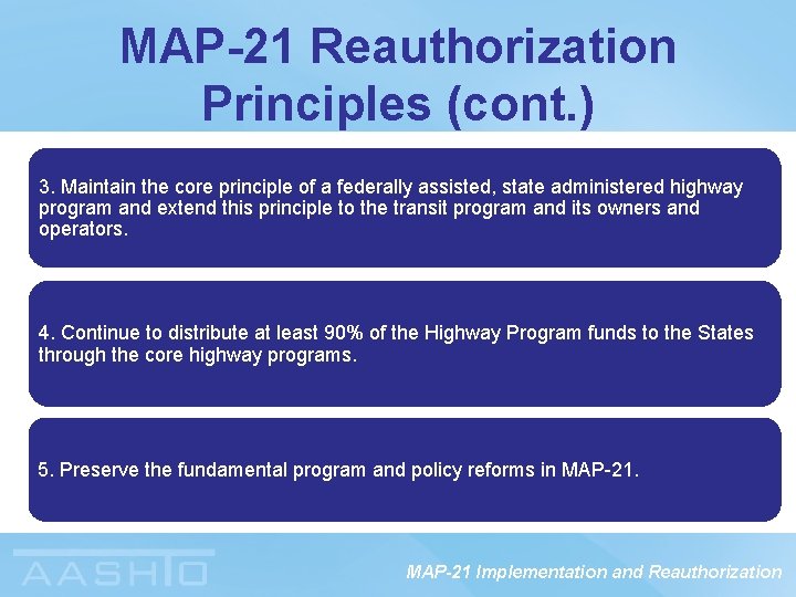 MAP-21 Reauthorization Principles (cont. ) 3. Maintain the core principle of a federally assisted,