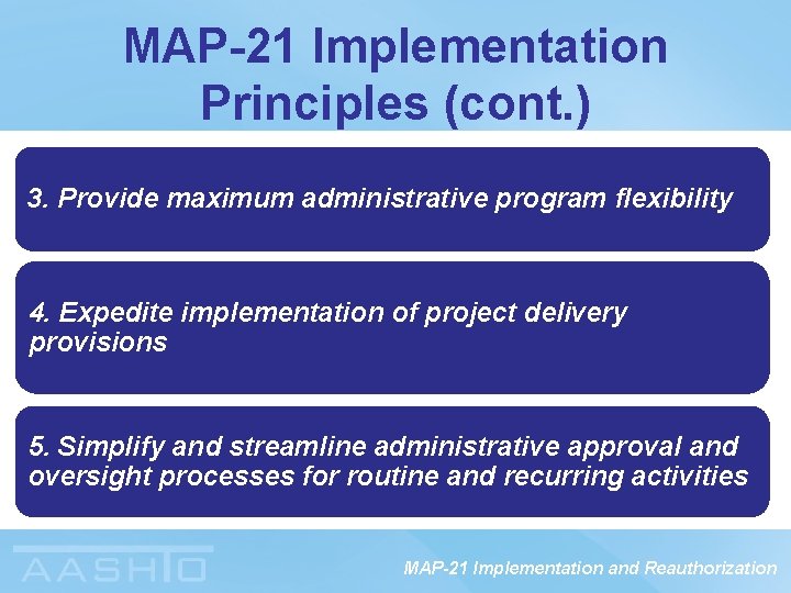 MAP-21 Implementation Principles (cont. ) 3. Provide maximum administrative program flexibility 4. Expedite implementation