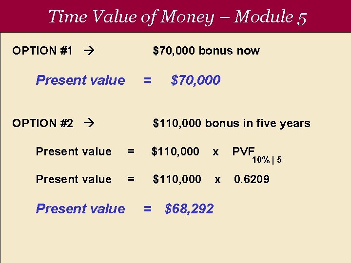 Time Value of Money – Module 5 OPTION #1 $70, 000 bonus now Present