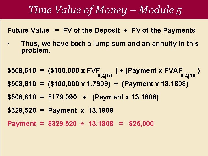 Time Value of Money – Module 5 Future Value = FV of the Deposit