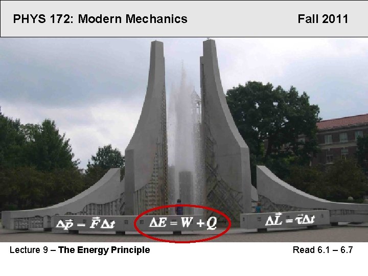 PHYS 172: Modern Mechanics Lecture 9 – The Energy Principle Fall 2011 Read 6.