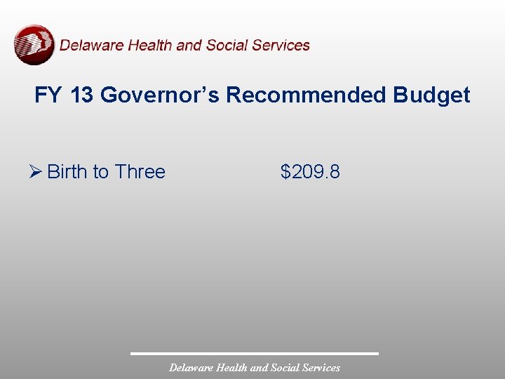 FY 13 Governor’s Recommended Budget Ø Birth to Three $209. 8 Delaware Health and