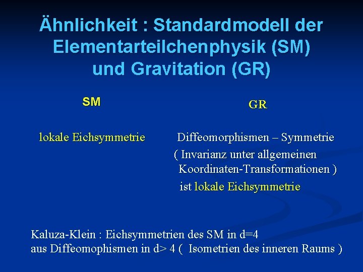 Ähnlichkeit : Standardmodell der Elementarteilchenphysik (SM) und Gravitation (GR) SM GR lokale Eichsymmetrie Diffeomorphismen