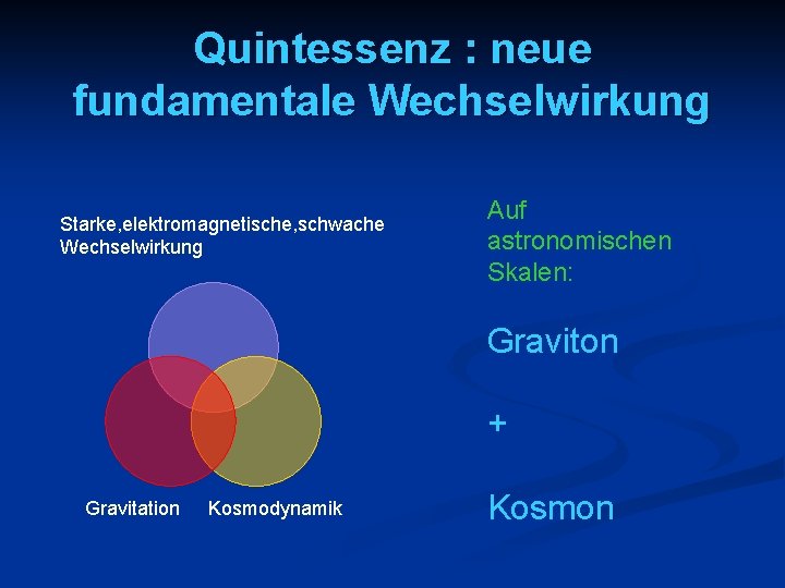 Quintessenz : neue fundamentale Wechselwirkung Starke, elektromagnetische, schwache Wechselwirkung Auf astronomischen Skalen: Graviton +