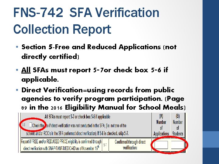 FNS-742 SFA Verification Collection Report • Section 5 -Free and Reduced Applications (not directly