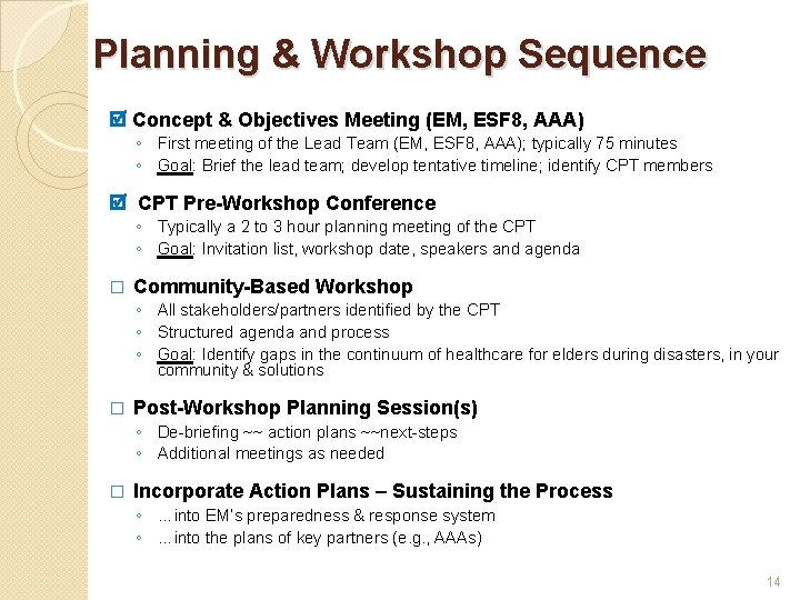 Planning & Workshop Sequence Concept & Objectives Meeting (EM, ESF 8, AAA) ◦ First