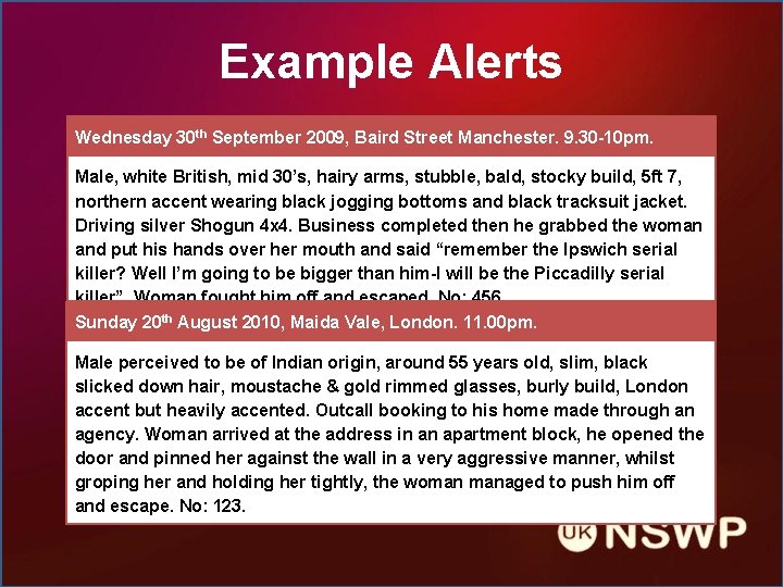 Example Alerts Wednesday 30 th September 2009, Baird Street Manchester. 9. 30 -10 pm.