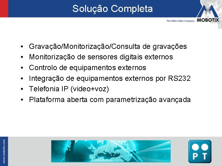 Solução Completa • • • Gravação/Monitorização/Consulta de gravações Monitorização de sensores digitais externos Controlo