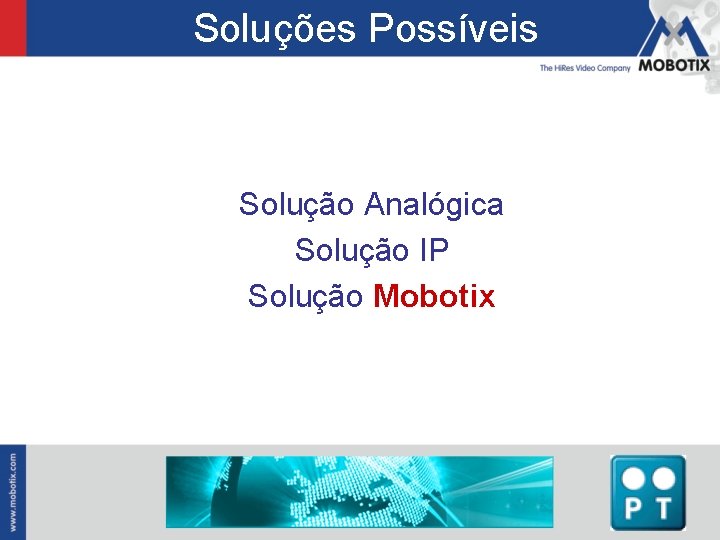 Soluções Possíveis Solução Analógica Solução IP Solução Mobotix 