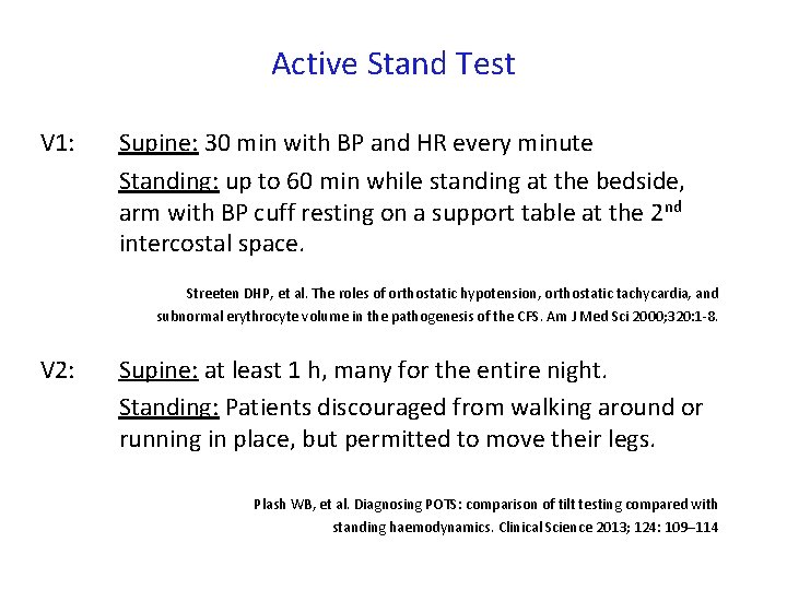 Active Stand Test V 1: Supine: 30 min with BP and HR every minute