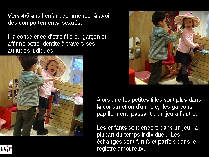 Vers 4/5 ans l’enfant commence à avoir des comportements sexués. Il a conscience d’être