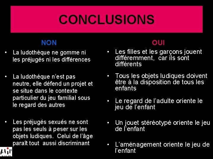 CONCLUSIONS NON OUI • La ludothèque ne gomme ni les préjugés ni les différences