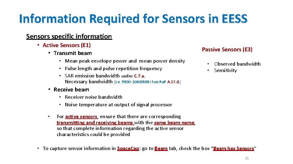 Information Required for Sensors in EESS Sensors specific information • Active Sensors (E 1)