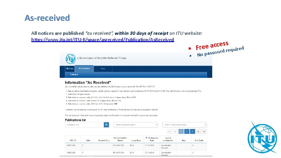 As-received All notices are published “as received”, within 30 days of receipt on ITU