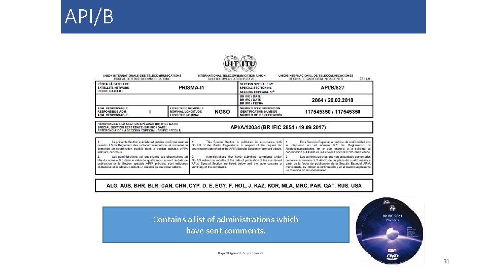 API/B Contains a list of administrations which have sent comments. 31 
