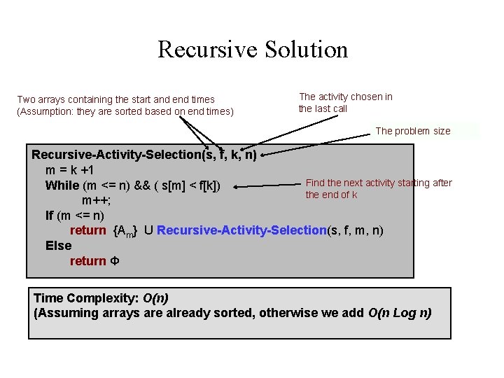 Recursive Solution Two arrays containing the start and end times (Assumption: they are sorted Recursive Solution Two arrays containing the start and end times (Assumption: they are sorted