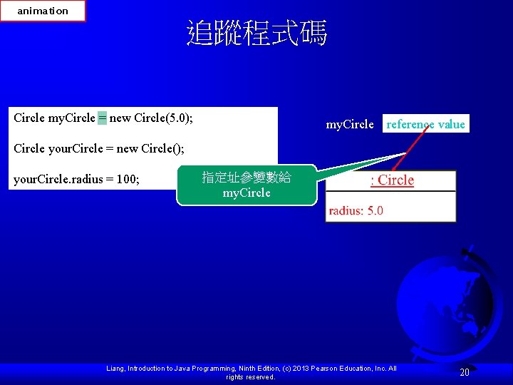 animation 追蹤程式碼 Circle my. Circle = new Circle(5. 0); my. Circle reference value Circle