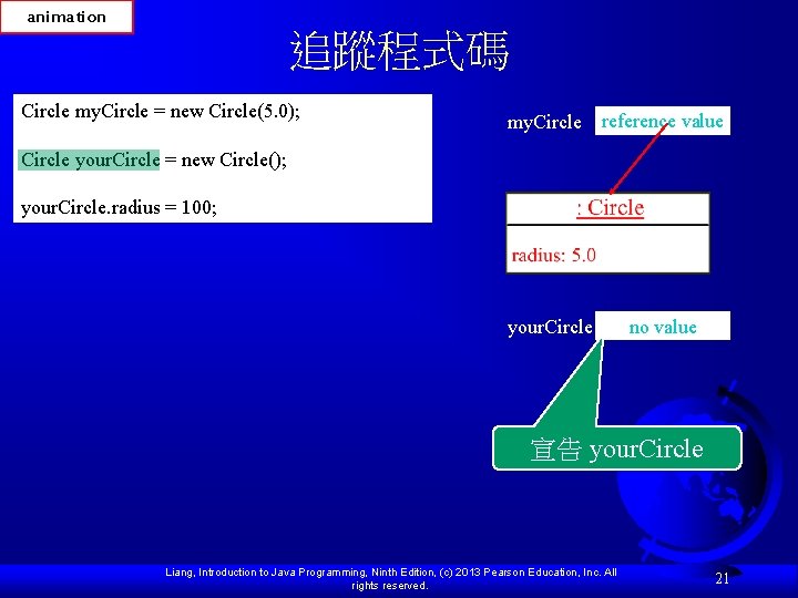 animation 追蹤程式碼 Circle my. Circle = new Circle(5. 0); my. Circle reference value your.