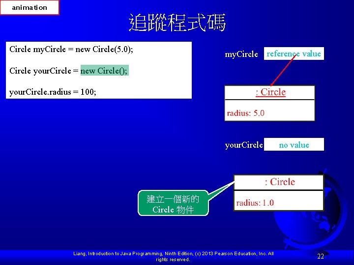 animation 追蹤程式碼 Circle my. Circle = new Circle(5. 0); my. Circle reference value your.