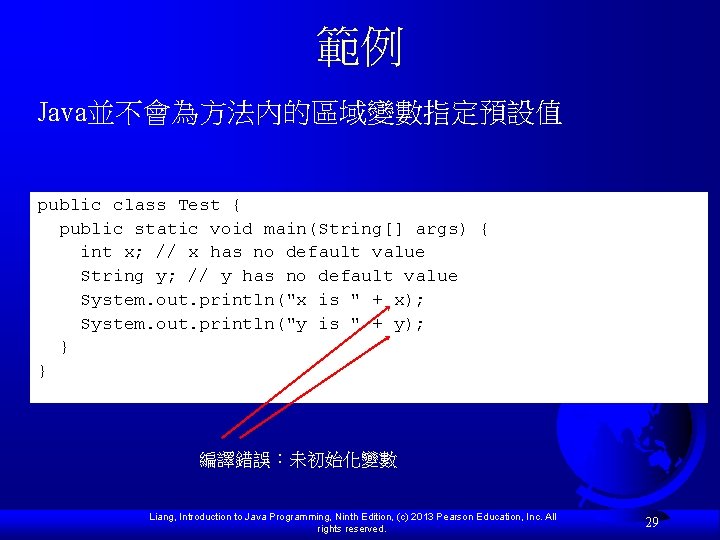 範例 Java並不會為方法內的區域變數指定預設值 public class Test { public static void main(String[] args) { int x;