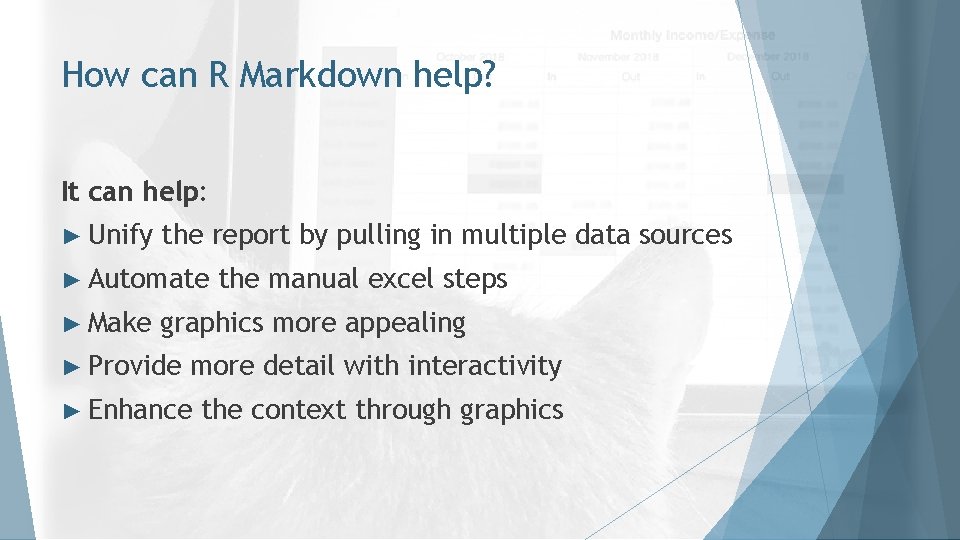 How can R Markdown help? It can help: ► Unify the report by pulling