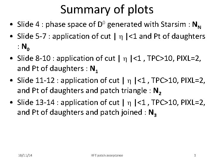 Summary of plots • Slide 4 : phase space of D 0 generated with