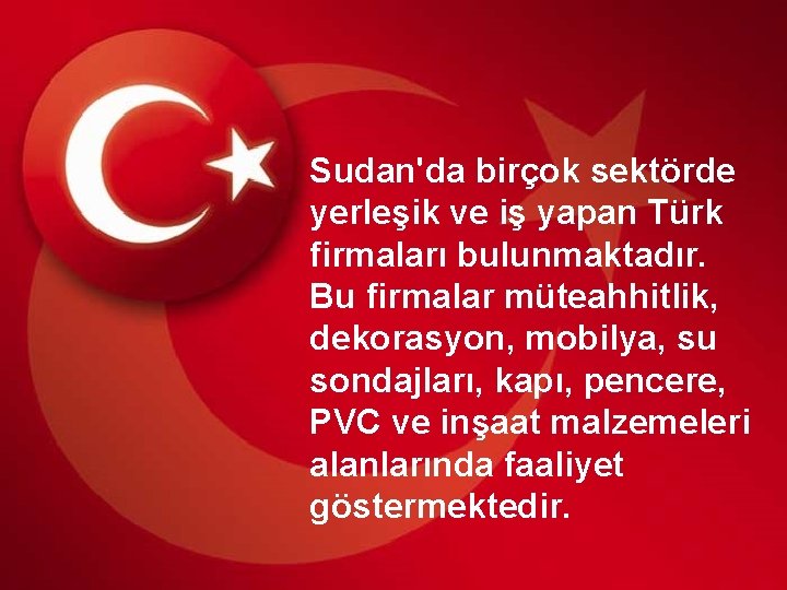 Sudan'da birçok sektörde yerleşik ve iş yapan Türk firmaları bulunmaktadır. Bu firmalar müteahhitlik, dekorasyon,