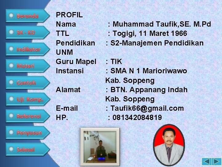 PROFIL Nama TTL Pendidikan UNM Guru Mapel Instansi Alamat E-mail HP. : Muhammad Taufik,