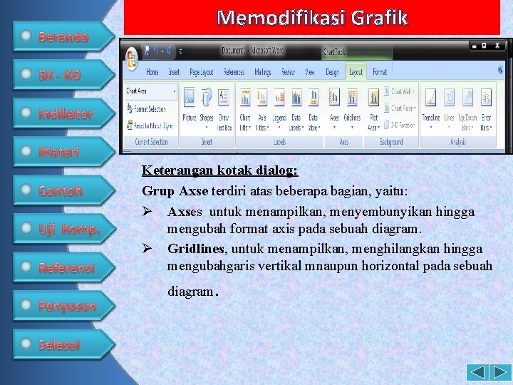 Memodifikasi Grafik Keterangan kotak dialog: Grup Axse terdiri atas beberapa bagian, yaitu: Ø Axses