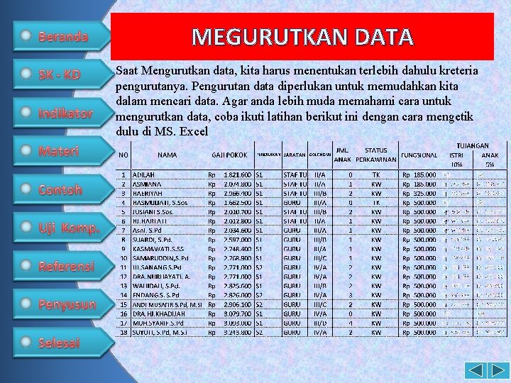 MEGURUTKAN DATA Saat Mengurutkan data, kita harus menentukan terlebih dahulu kreteria pengurutanya. Pengurutan data