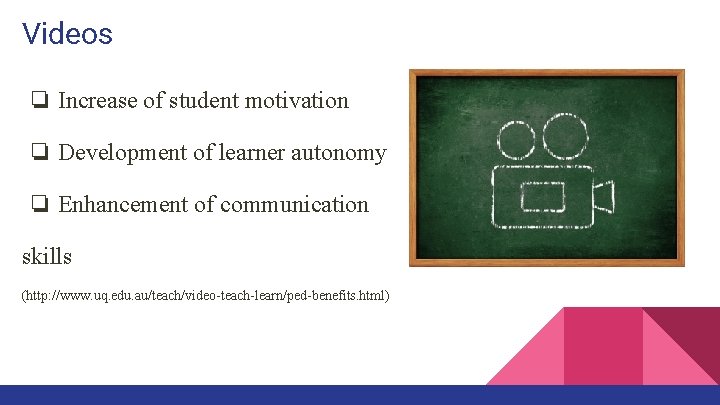 Videos ❏ Increase of student motivation ❏ Development of learner autonomy ❏ Enhancement of