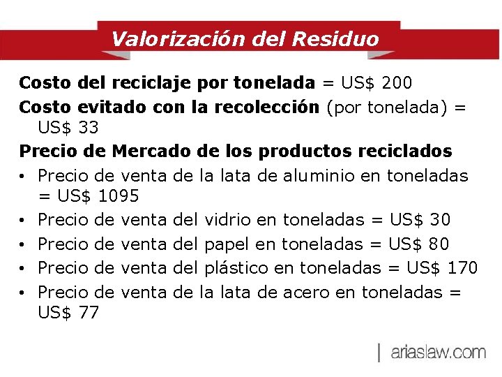 Valorización del Residuo Costo del reciclaje por tonelada = US$ 200 Costo evitado con