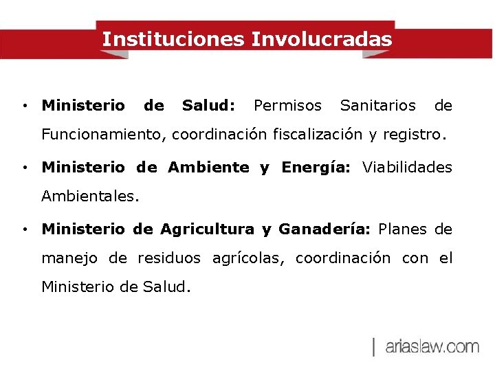 Instituciones Involucradas • Ministerio de Salud: Permisos Sanitarios de Funcionamiento, coordinación fiscalización y registro.