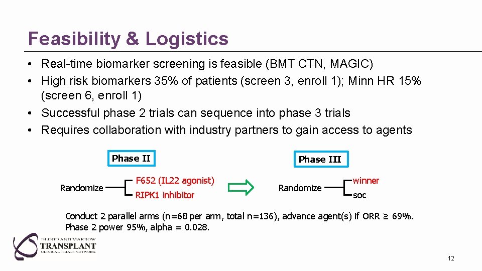 Feasibility & Logistics • Real-time biomarker screening is feasible (BMT CTN, MAGIC) • High