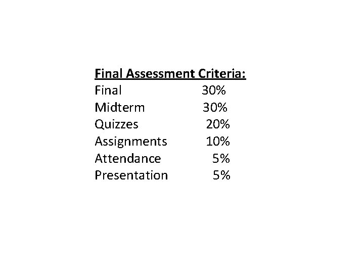 Final Assessment Criteria: Final 30% Midterm 30% Quizzes 20% Assignments 10% Attendance 5% Presentation
