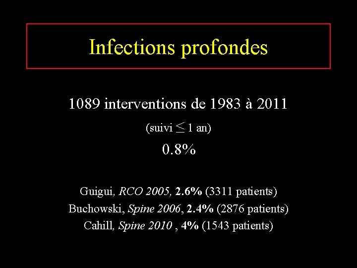 Infections profondes 1089 interventions de 1983 à 2011 (suivi ≤ 1 an) 0. 8%