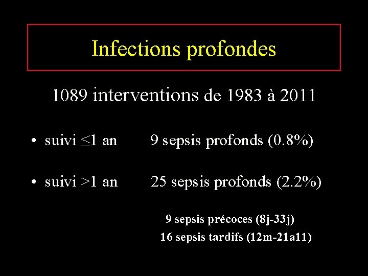 Infections profondes 1089 interventions de 1983 à 2011 • suivi ≤ 1 an 9