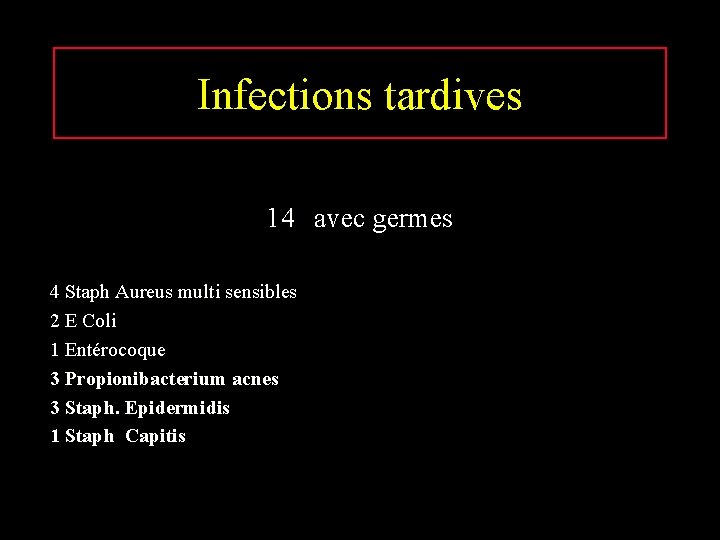 Infections tardives 14 avec germes 4 Staph Aureus multi sensibles 2 E Coli 1