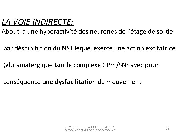 LA VOIE INDIRECTE: Abouti à une hyperactivité des neurones de l’étage de sortie par
