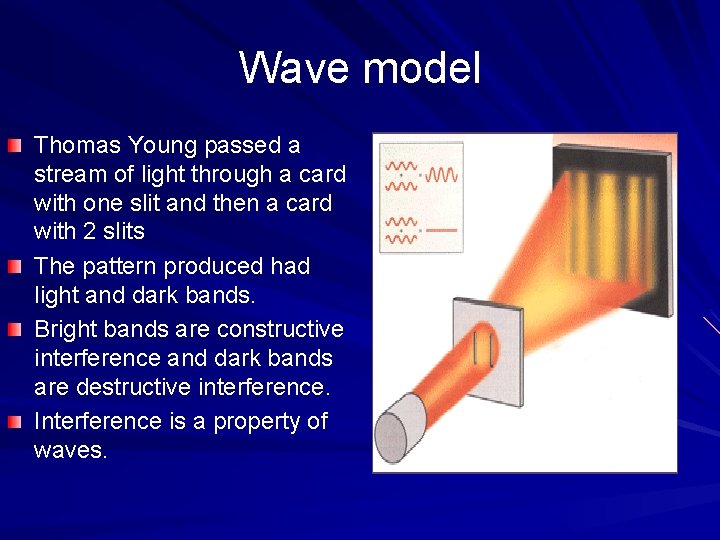 Wave model Thomas Young passed a stream of light through a card with one Wave model Thomas Young passed a stream of light through a card with one