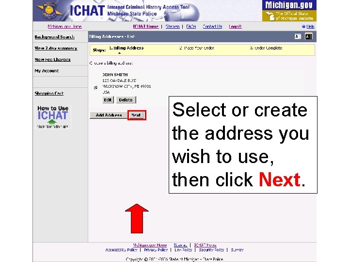 Select or create the address you wish to use, then click Next. 