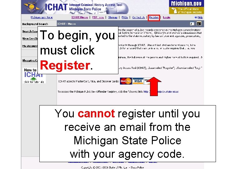 To begin, you must click Register. You cannot register until you receive an email