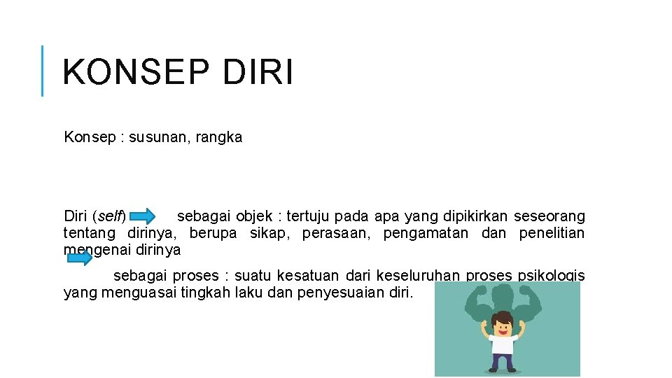 KONSEP DIRI Konsep : susunan, rangka Diri (self) sebagai objek : tertuju pada apa