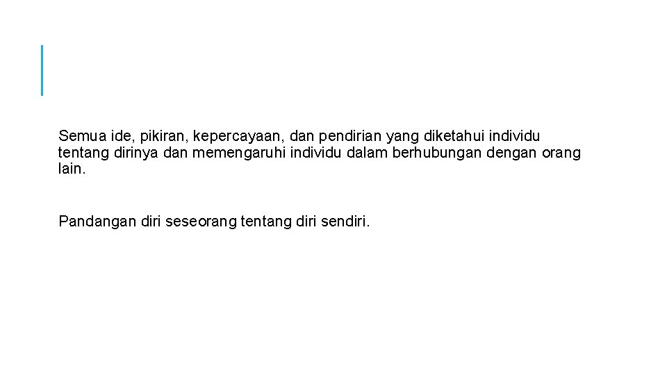 Semua ide, pikiran, kepercayaan, dan pendirian yang diketahui individu tentang dirinya dan memengaruhi individu